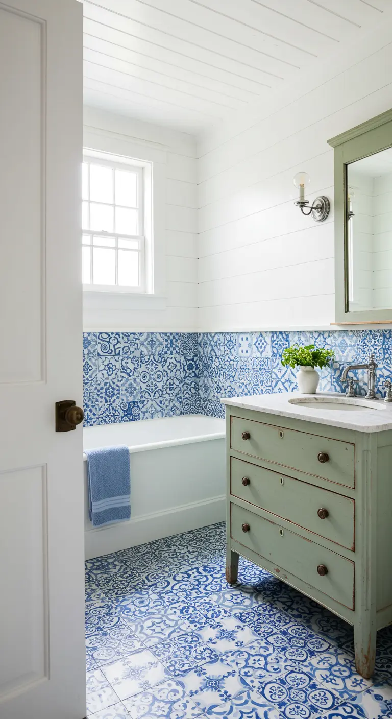 Cottage bathroom with blue and white patchwork tile and a distressed sage green vanity.
