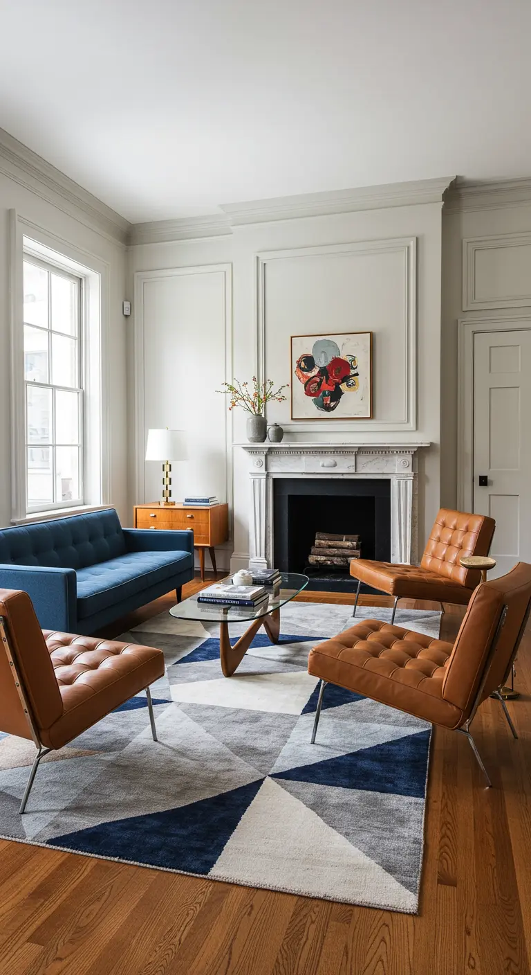 Living room with a blue sofa, cognac leather chairs, and a blue and white geometric rug.