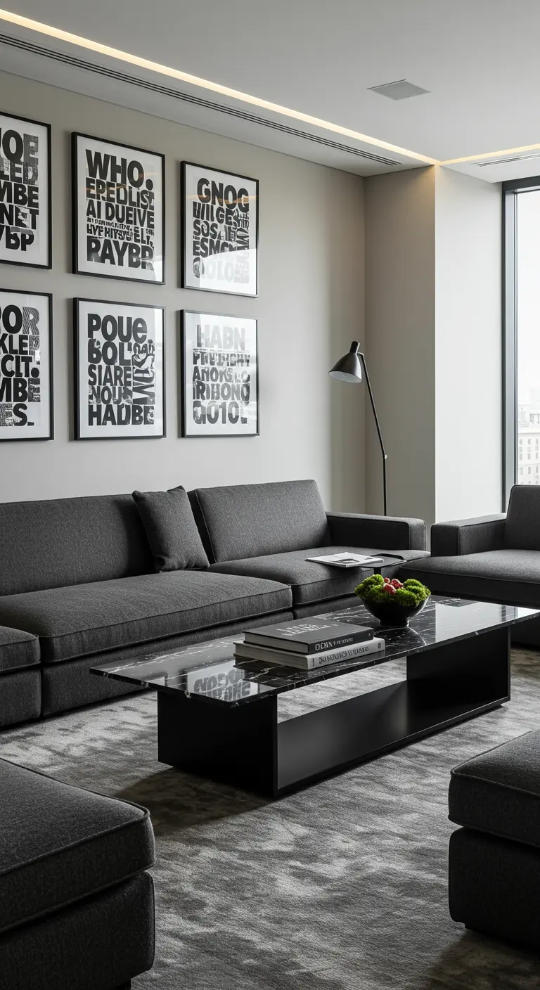 Office lounge with a gray sectional and a gallery wall of black-and-white typography art.
