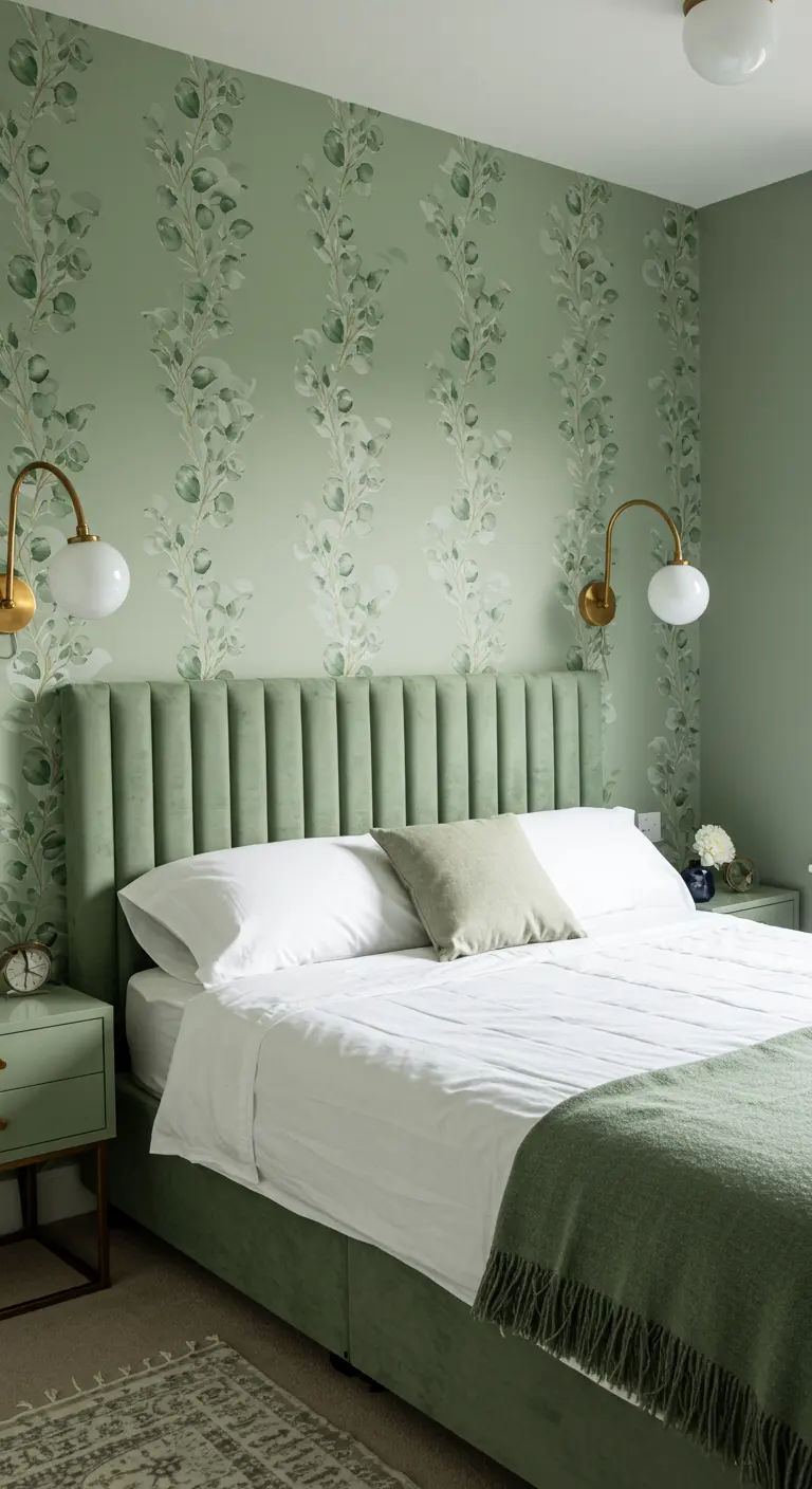 Serene green bedroom with botanical wallpaper and a matching velvet headboard.