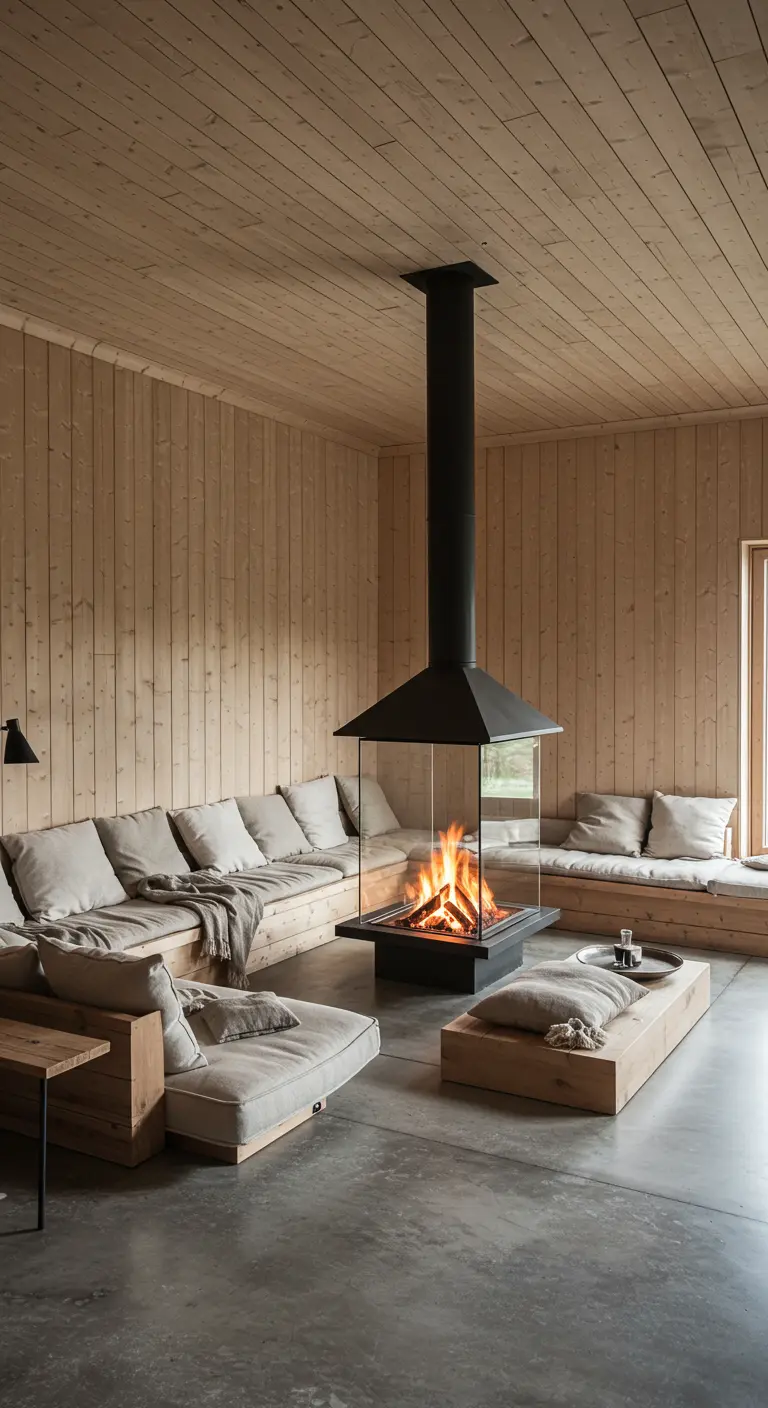 Modern living room with a central glass fireplace and low, wraparound seating.