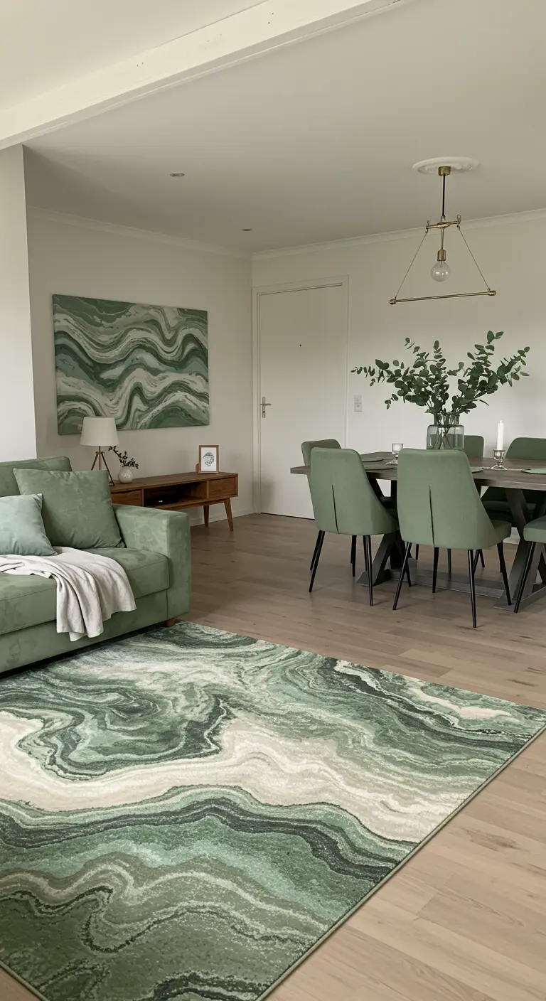 Open-plan living and dining area with a sage green sofa and a large matching abstract rug.