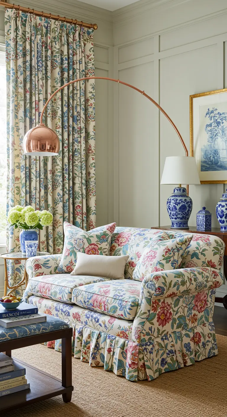 Living room with matching floral sofa and curtains, accented by a copper arc lamp.