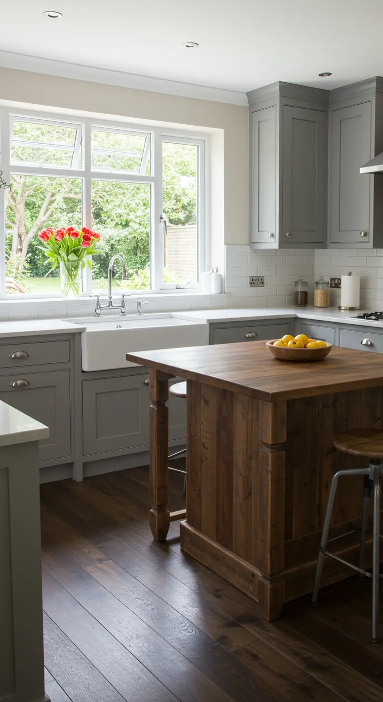 Farmhouse kitchen with gray cabinets, a dark wood island, and matching dark floors.