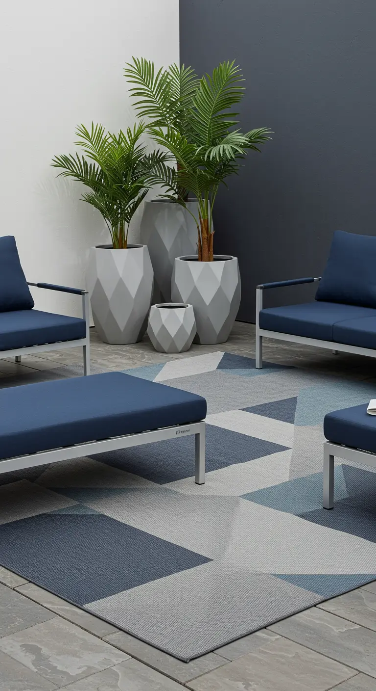 A blue and grey geometric rug on a patio with matching blue seating and grey planters.