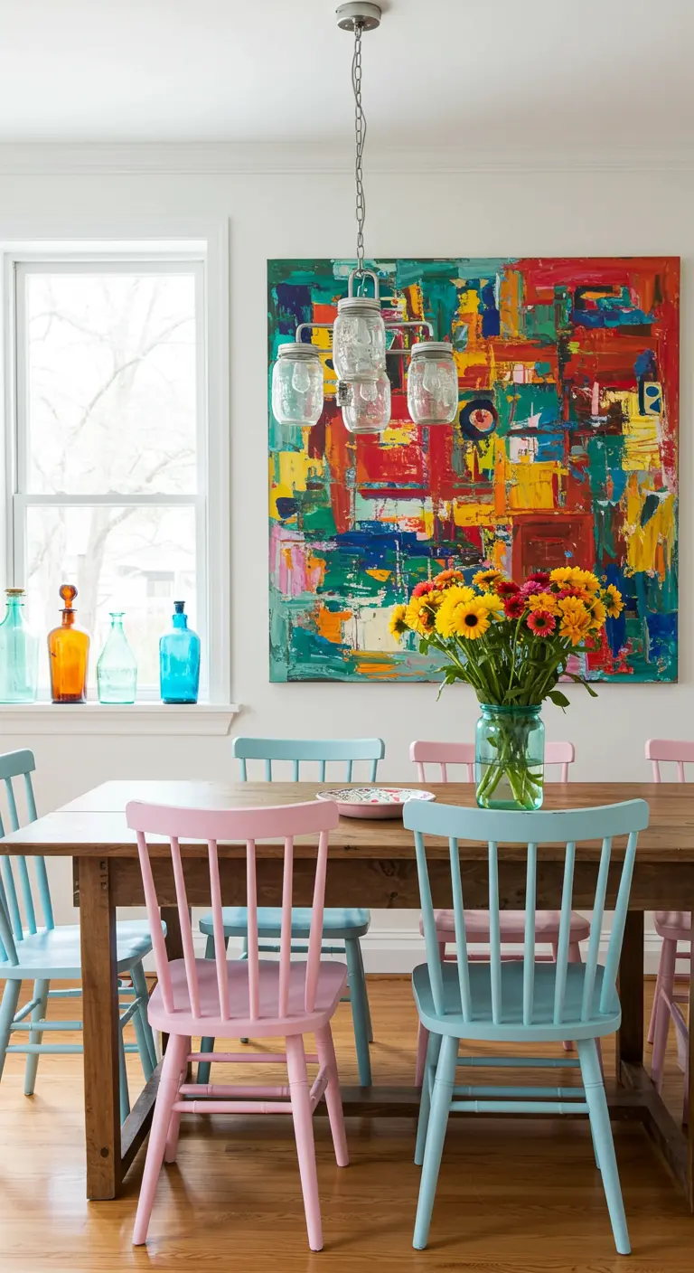 A dining room with mismatched pastel chairs, a large abstract painting, and a mason jar chandelier.