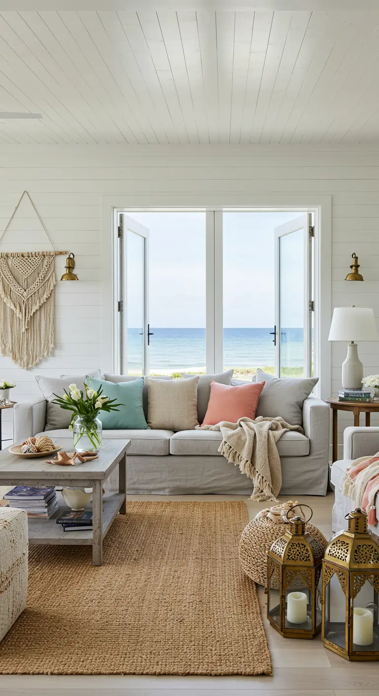 A bright coastal living room with a jute rug, macrame wall hanging, and two Moroccan floor lanterns.
