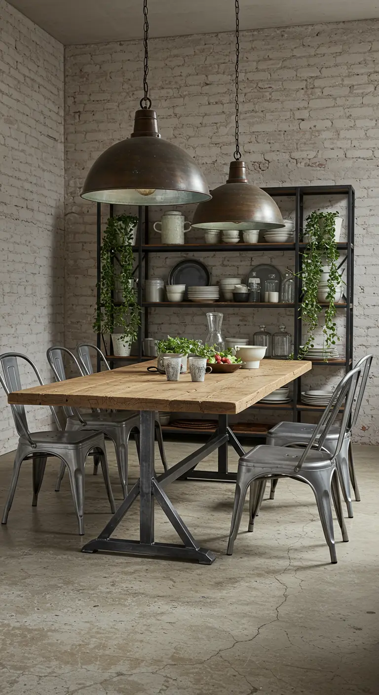 Industrial farmhouse dining room with a wood table, metal chairs, and large dome pendants.