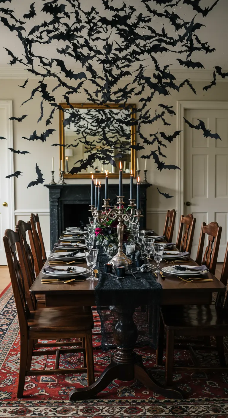 A dining room table with dozens of black paper bats suspended from the ceiling.