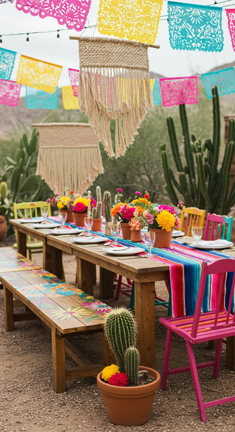 A colorful desert party table with painted chairs, a serape runner, and papel picado banners.