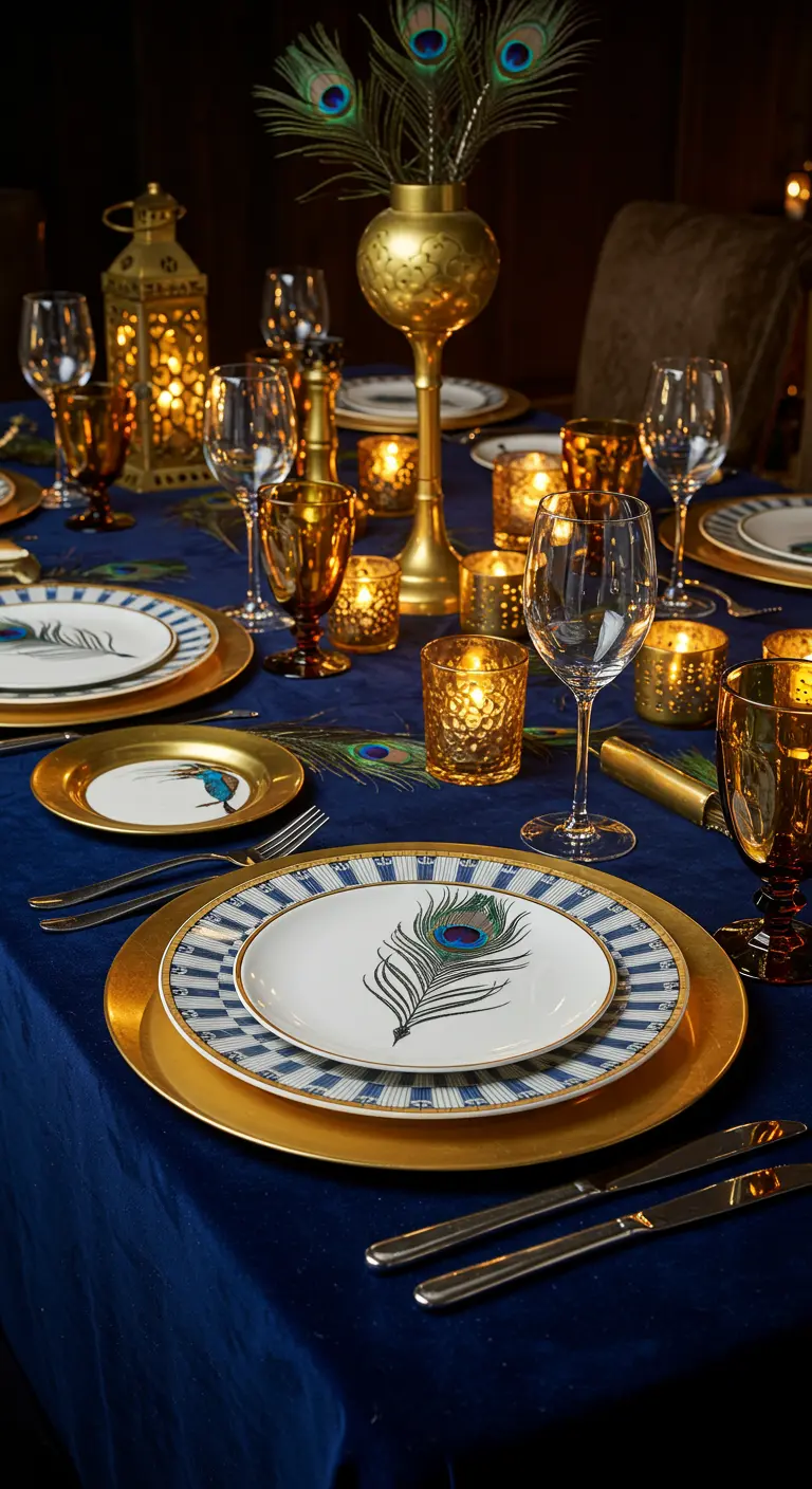 A luxurious blue and gold table setting with peacock feather plate designs.