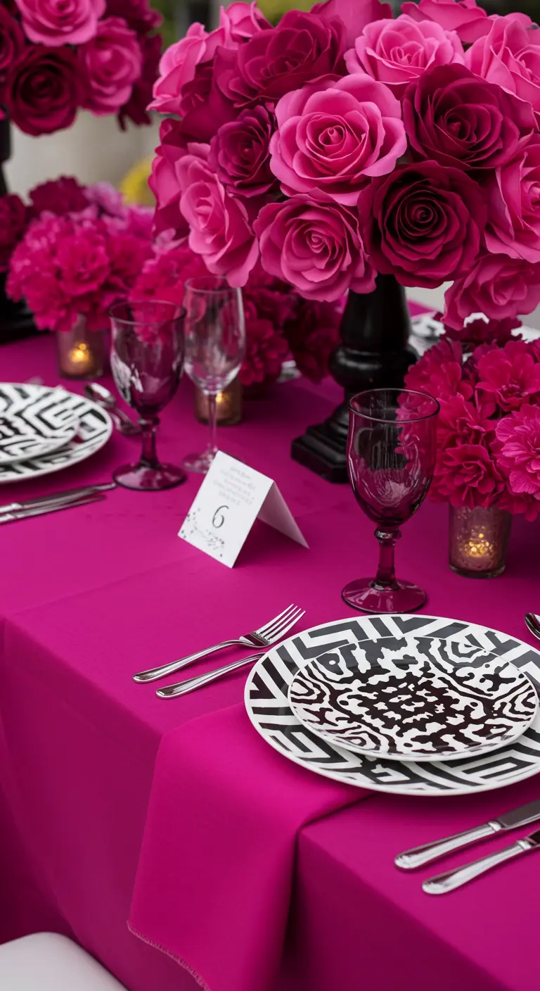 A bold tablescape with a fuchsia tablecloth, matching roses, and black-and-white patterned plates.
