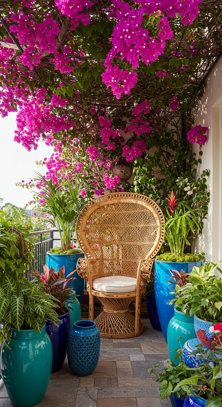 A stunning balcony overflowing with bright pink bougainvillea and blue ceramic pots.