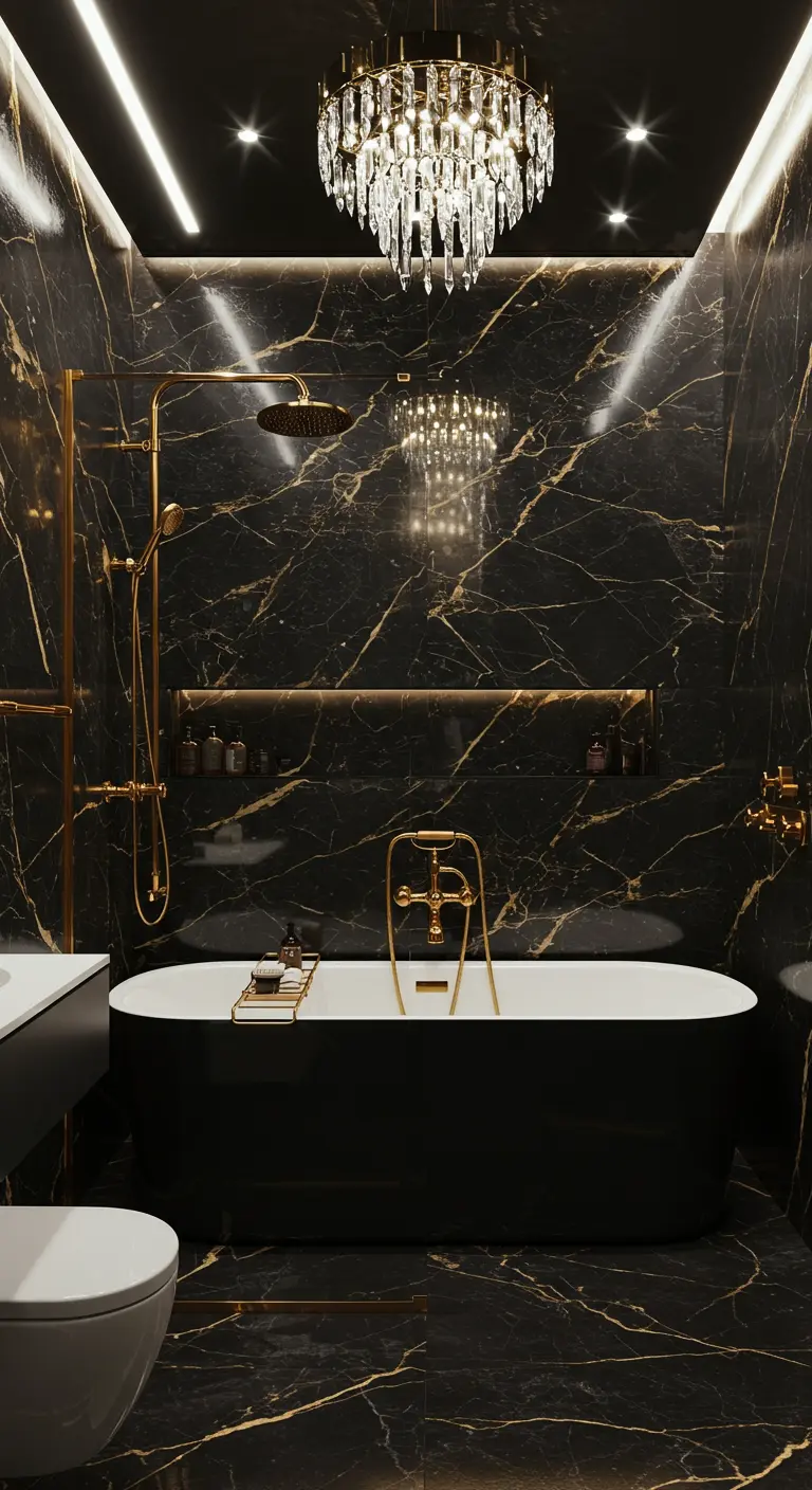 Glamorous bathroom with black and gold marble, a crystal chandelier, and gold fixtures.