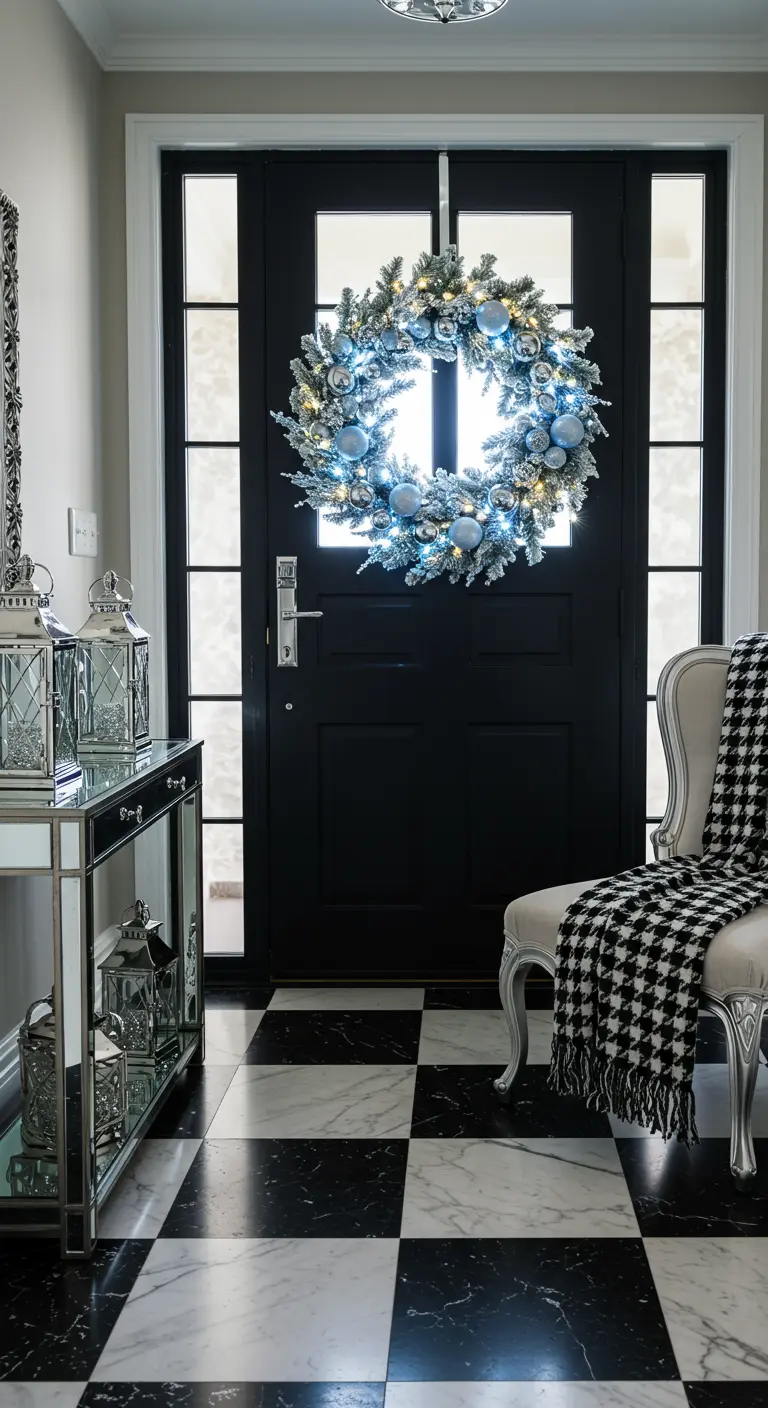 Glamorous entryway with a frosted silver wreath on a black door and a houndstooth blanket.