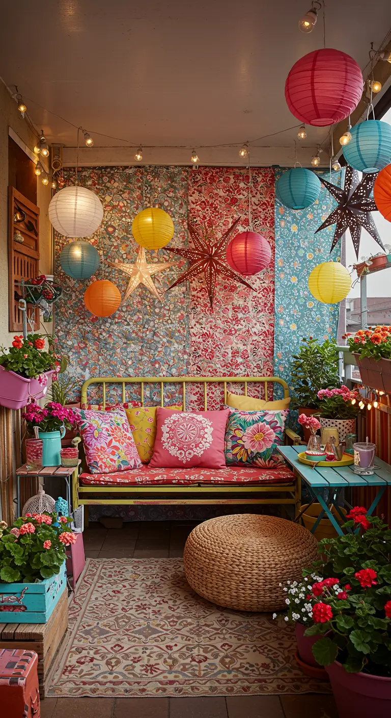 A vibrantly decorated balcony with patterned fabric walls, colorful lanterns, and a yellow bench.