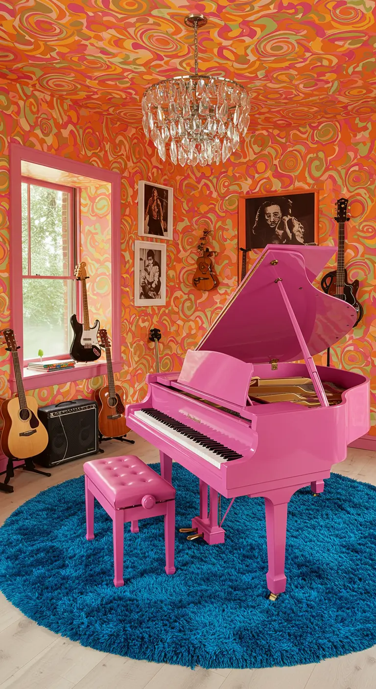 Music room with orange swirl wallpaper, a pink grand piano, and a blue shag rug.