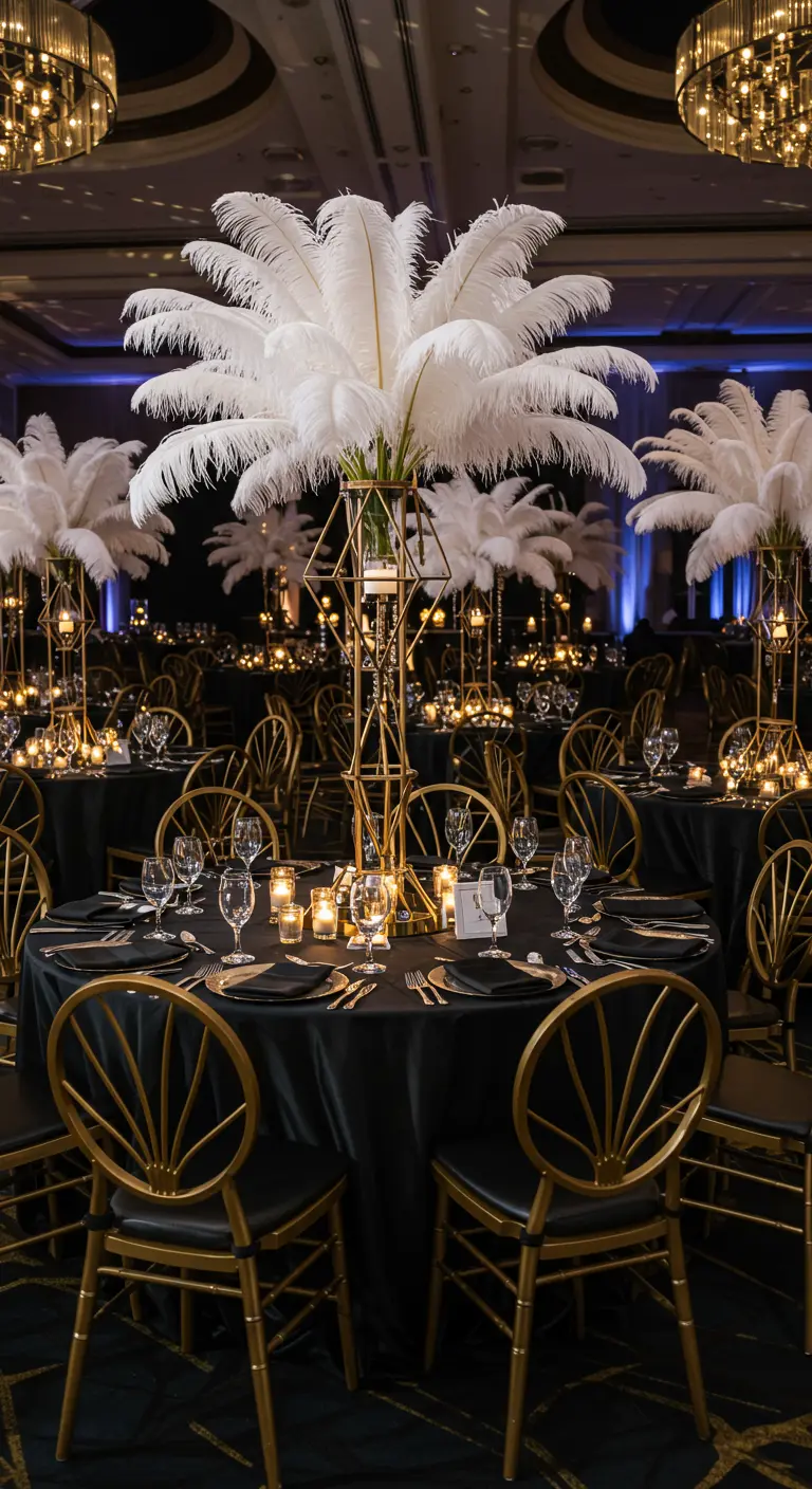 Round tables with black tablecloths and tall gold centerpieces with white feathers.