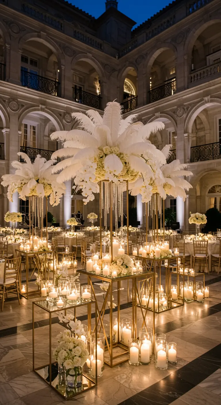 Towering gold centerpieces with white feathers and orchids in a grand courtyard.