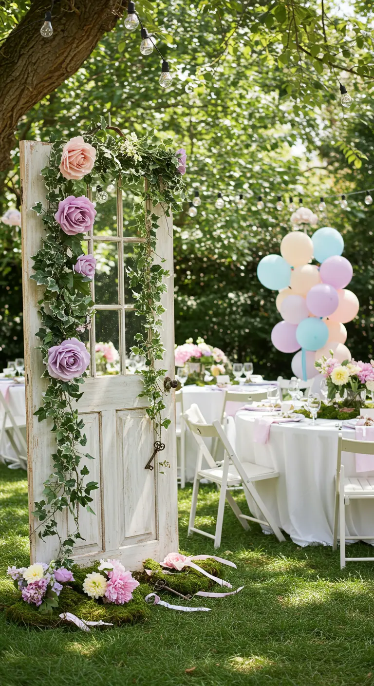 A vintage white door decorated with flowers serves as an entrance to a garden party.