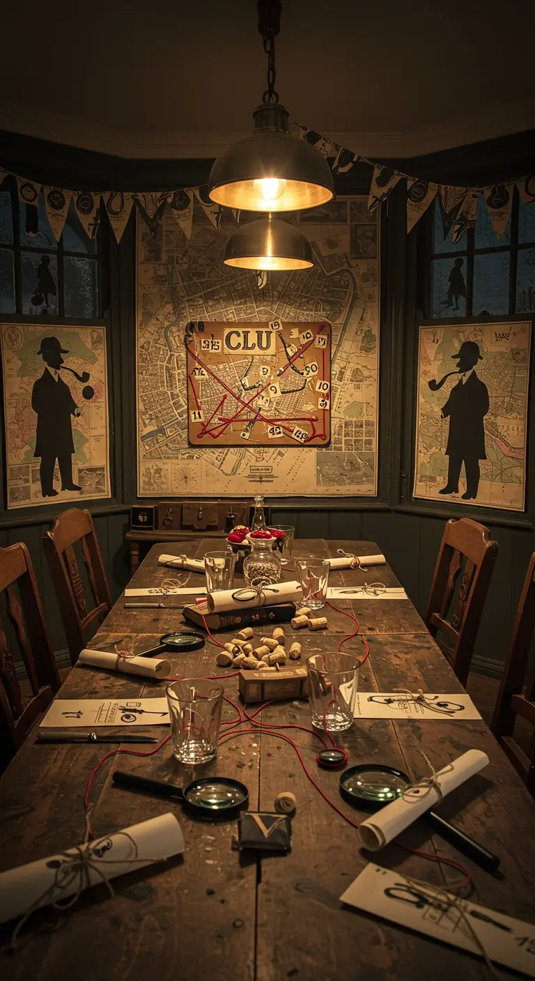 A Sherlock Holmes-themed mystery party with a large clue board and detective props.