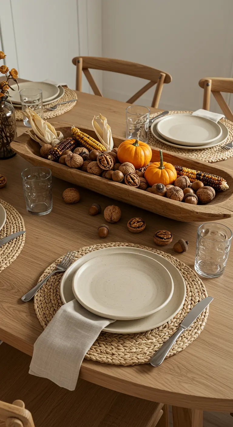 A simple, natural centerpiece in a wooden bowl filled with walnuts, acorns, and Indian corn.