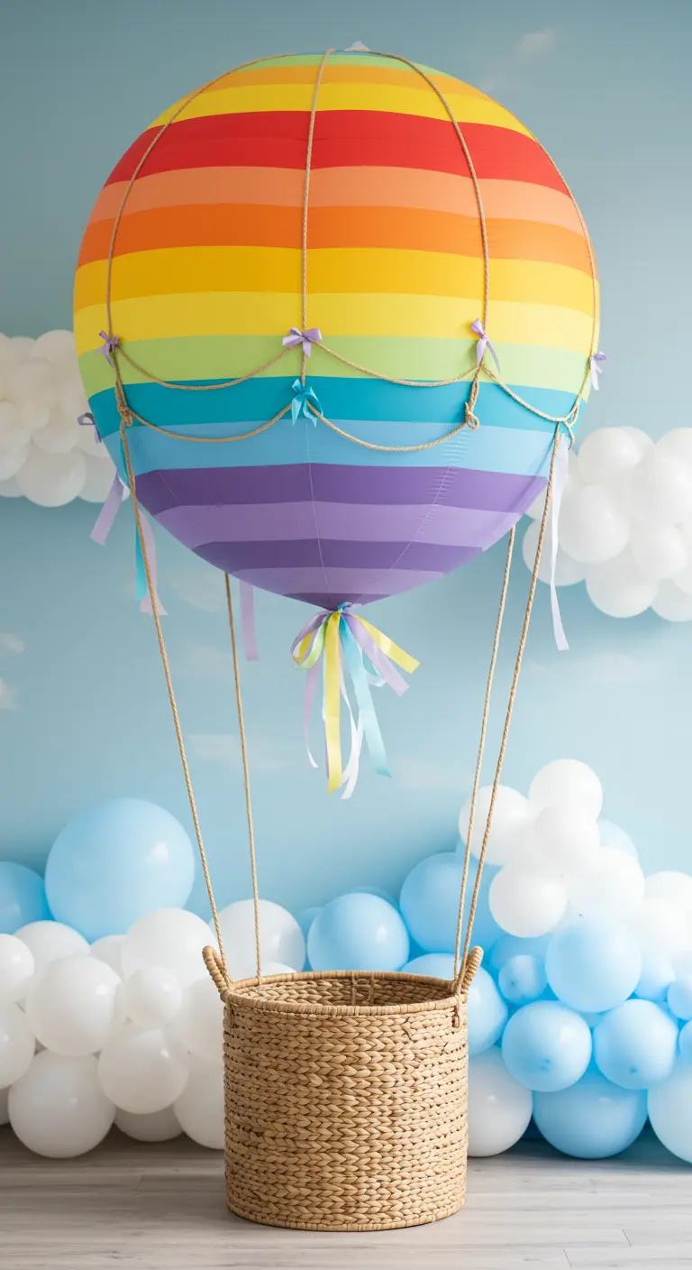 A giant hot air balloon prop made from a rainbow balloon and a wicker basket.