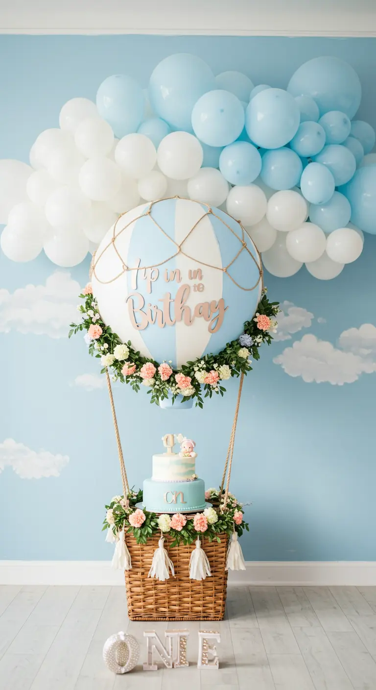 A hot air balloon prop made from a large balloon and wicker basket, surrounded by blue and white balloons.
