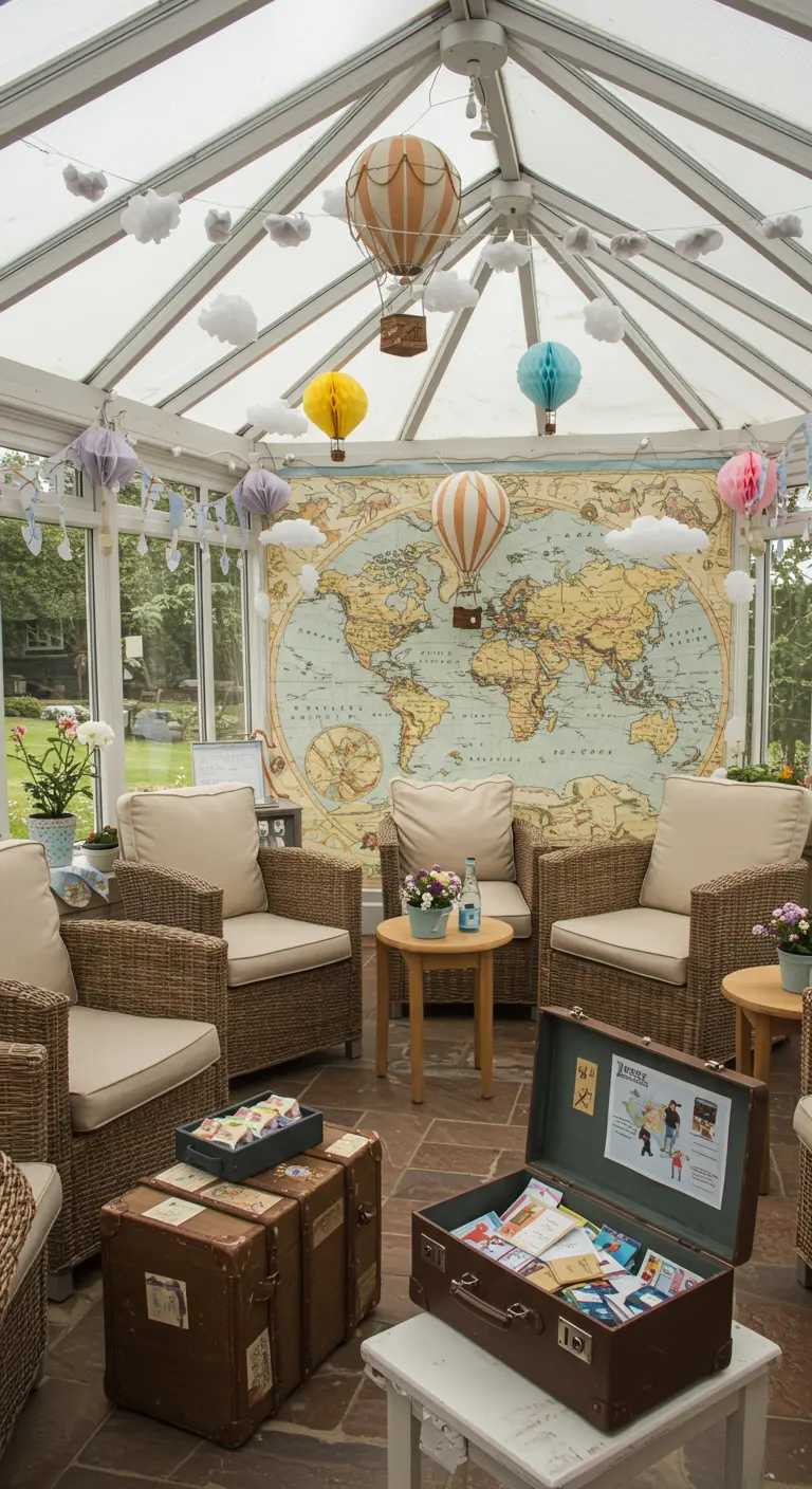 Sunroom with a world map wall and hanging paper hot air balloons.