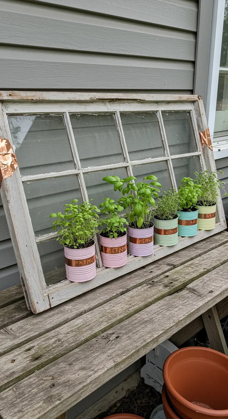 An old window frame leans on a bench, with herbs planted in a row of pastel-painted tin cans.