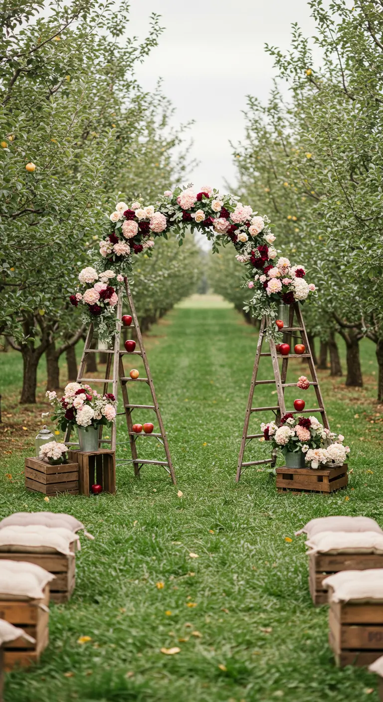 Two wooden ladders forming an arch in an apple orchard, decorated with flowers and apples.
