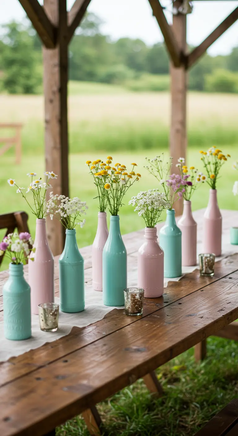 A line of pastel pink and mint green painted bottles used as flower vases on a wood table.