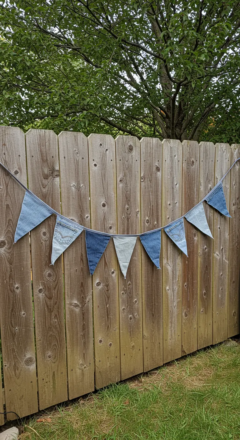 Bunting made from old denim jeans hanging on a wooden fence