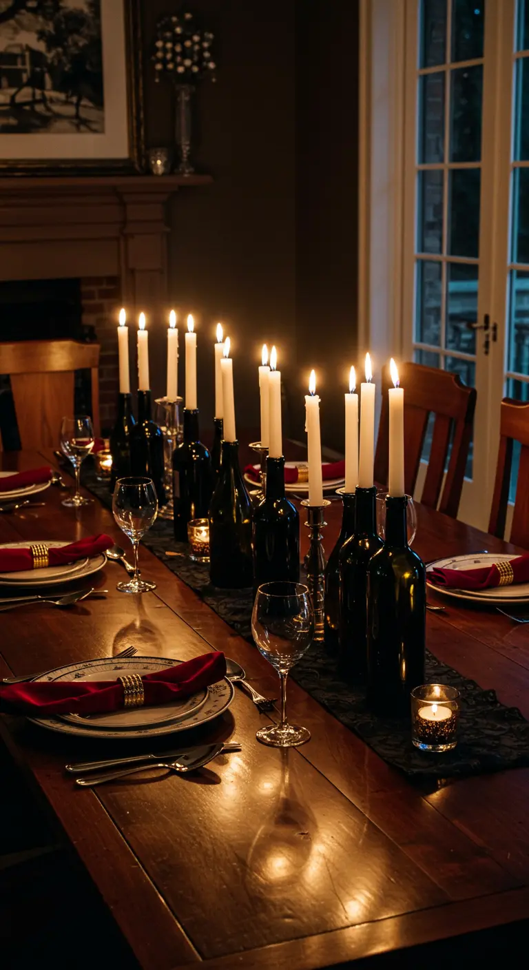 Empty wine bottles used as candle holders for white taper candles on a wooden dining table.
