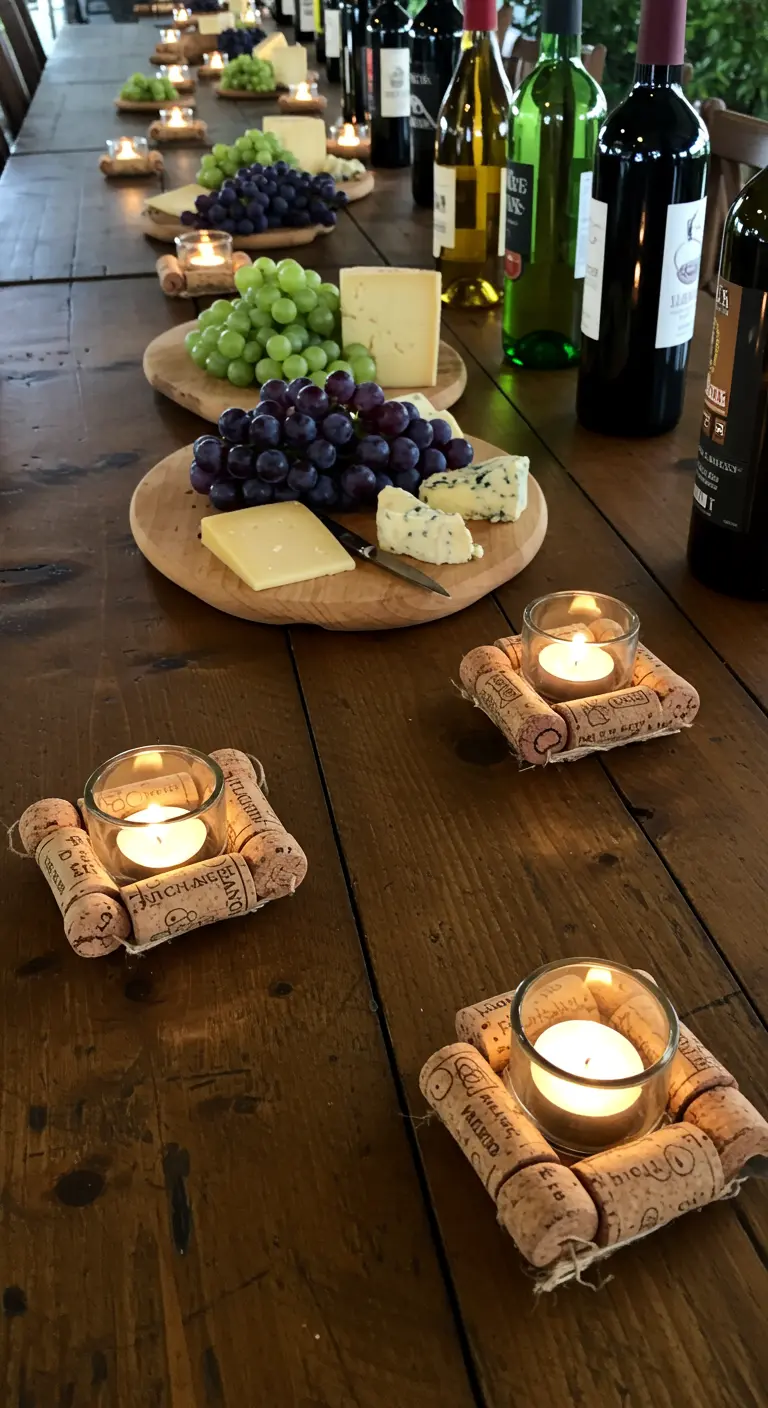 Tealight holders made from wine corks glued together in a square shape on a wood table.