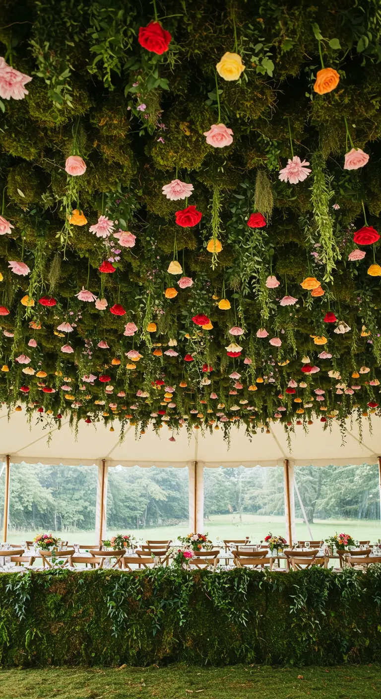 A tent ceiling covered in a canopy of hanging moss and colorful drooping flowers.