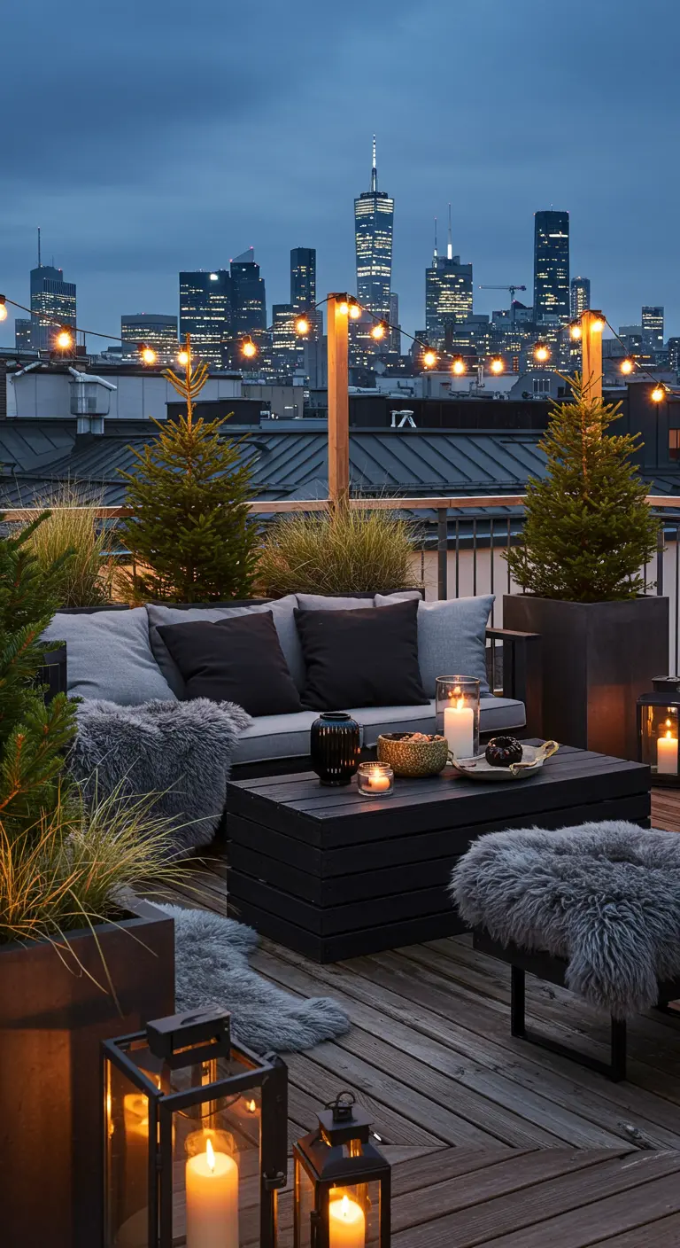 A city rooftop balcony with dark furniture, grey furs, and potted pine trees.