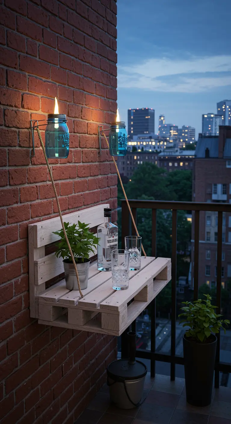 A white pallet bar mounted on a brick balcony wall, holding blue Mason jar lights and drinks.