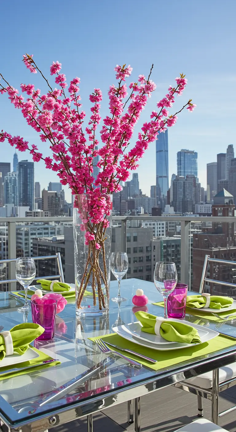 Rooftop table with a city view and a tall cherry blossom centerpiece.