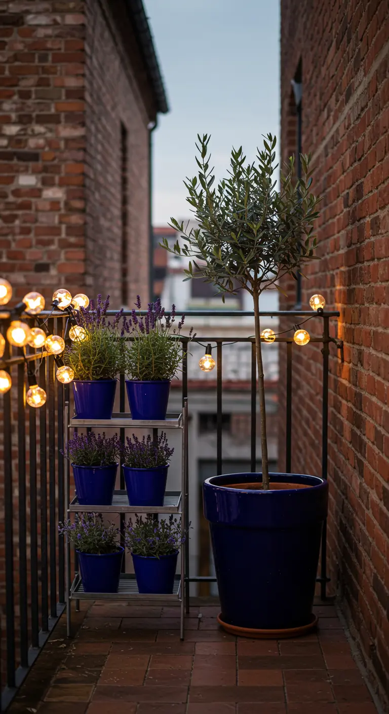Olive tree and tiered lavender pots in blue on a brick balcony with string lights.