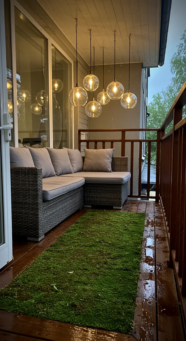 Modern balcony with a wicker sofa, moss rug, and hanging glass globe lights.