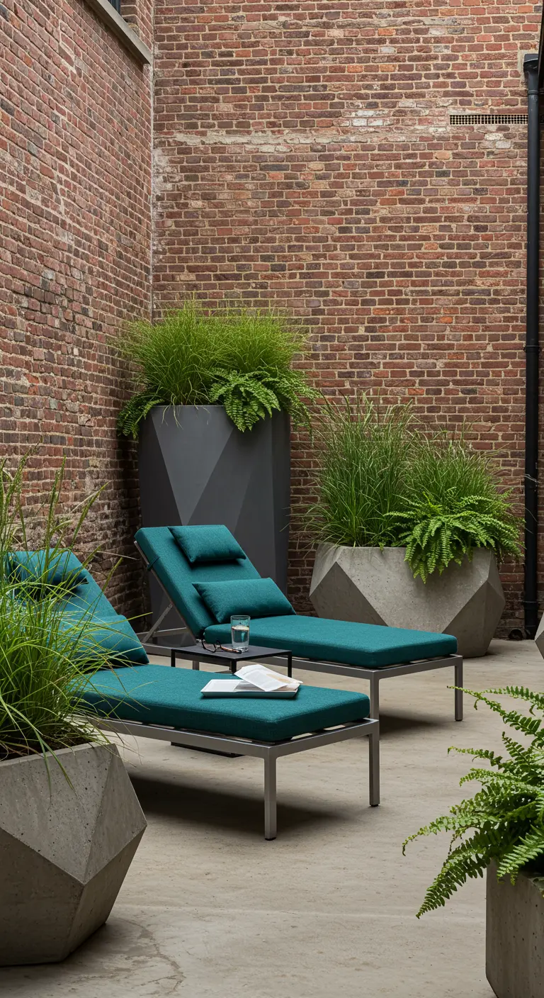 Teal chaise lounges in a brick courtyard with large geometric planters filled with grasses and ferns.