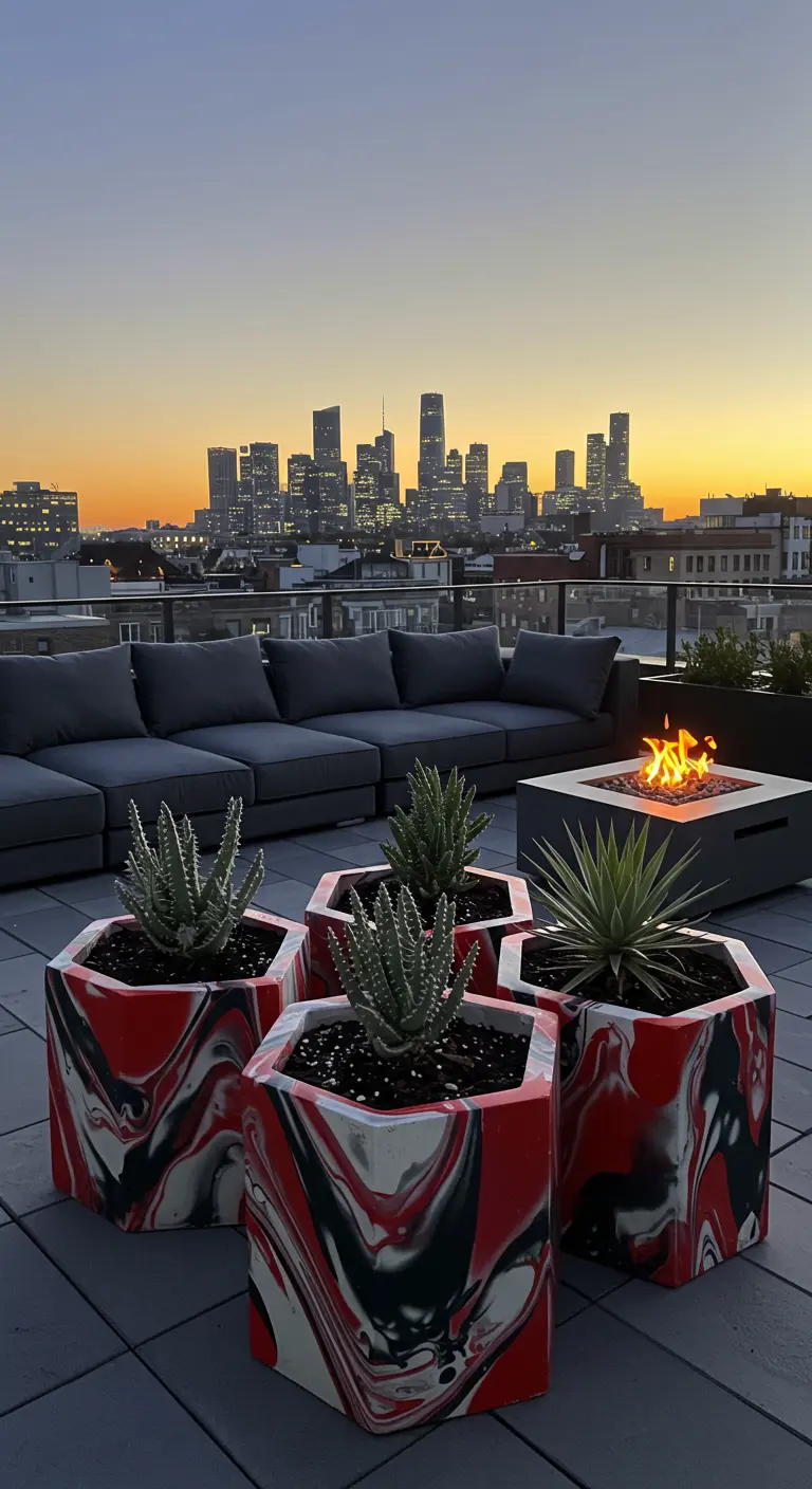 Red, black, and white marbled hexagonal planters on a city rooftop at sunset.