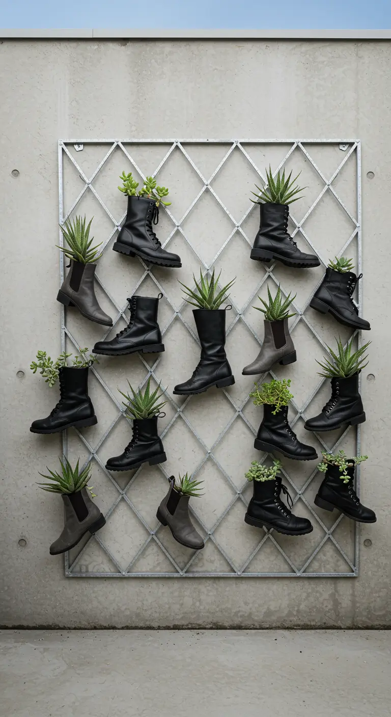 Black and grey boots with spiky succulents on a diamond trellis against a concrete wall.