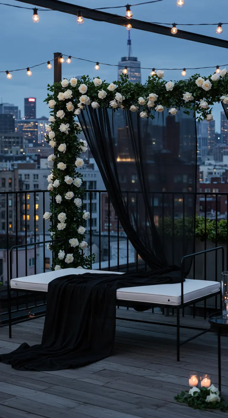 A modern black daybed on a city rooftop, framed with white roses and black sheer fabric.