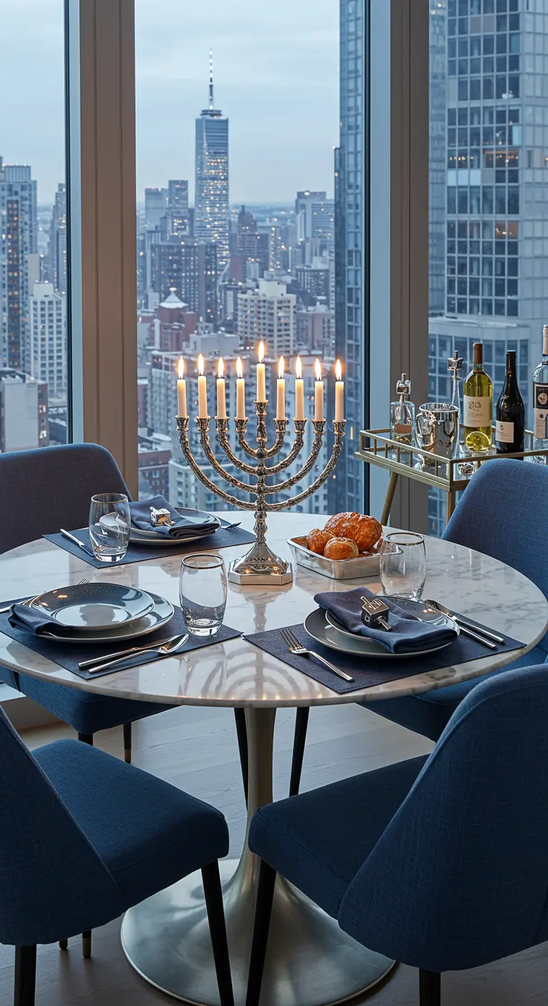 An intimate Hanukkah dinner setting at a marble table with a city view and a nearby bar cart.