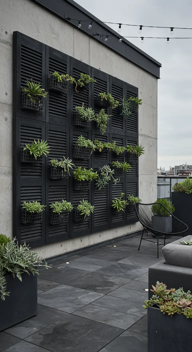 A large wall of black-painted shutters holds dozens of succulents on a modern patio.