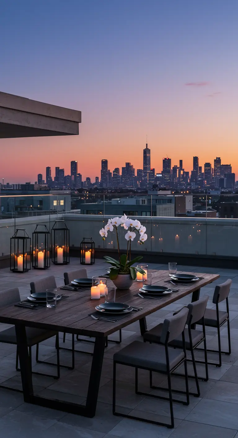 A modern rooftop dining table with an orchid centerpiece and lanterns, against a city skyline.