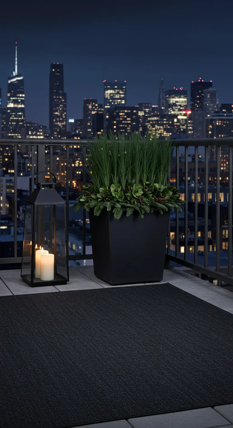 A modern city balcony with a large black planter, a simple dark rug, and a tall lantern.
