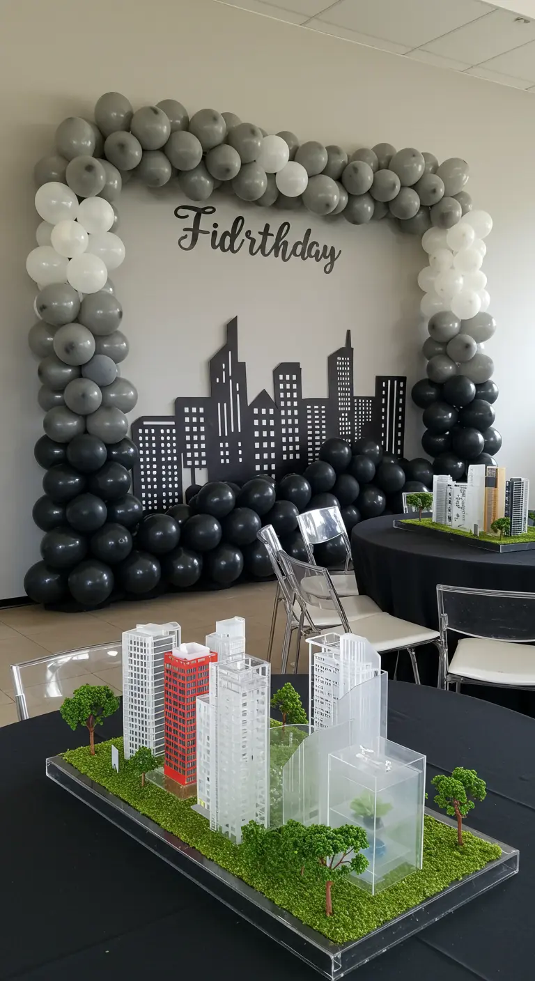 Cityscape-themed party with a balloon arch and miniature building models.